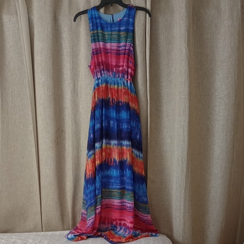 Betsey Johnson Vibrant Striped Maxi Dress - Blue, Pink, Orange